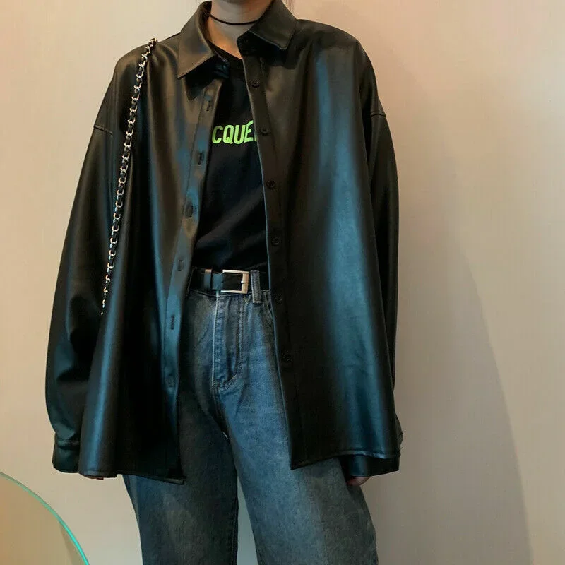 

WOMEN'S REAL LEATHER SHIRT CLASSIC BUTTON DOWN BLACK LEATHER OVERSIZED JACKET