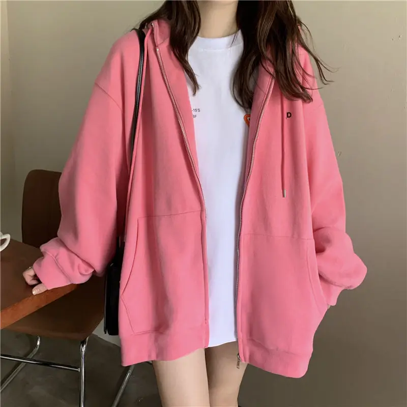 

2022 Autumn Zip-up Women Korean Style Hoodies Vintage Solid Color Long Sleeve Hoodie Sweatshirt Jacket Hooded Tops Girl A392