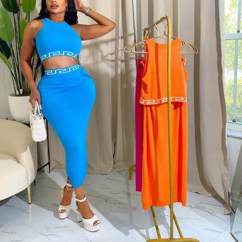 

Sheath Skirts Letter Ribbon Two-Piece Suit Summer Dress Sets Women Casual Vest Tops High Waist Tank Tops Pencil Skirts