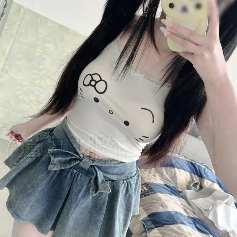 Cute Slim Fit Camis Tops for Women Hello Kitty White Express Printed Tank with Lace Soft Camisole Vest Sexy Short Clothes