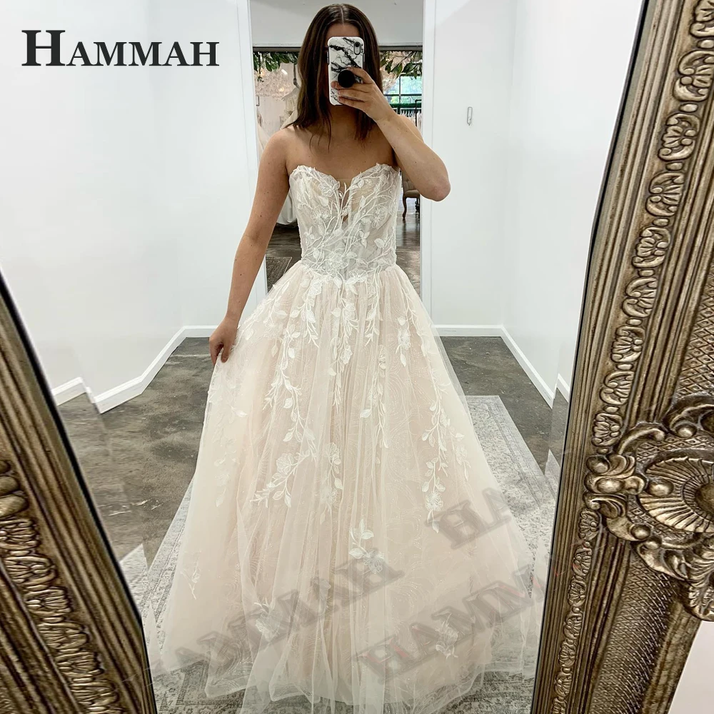 

HAMMAH V Neck Exquisite Wedding Dresses For Women Lace Appliques Tulle A Line Court Train Vestido De Casamento Lacing Up