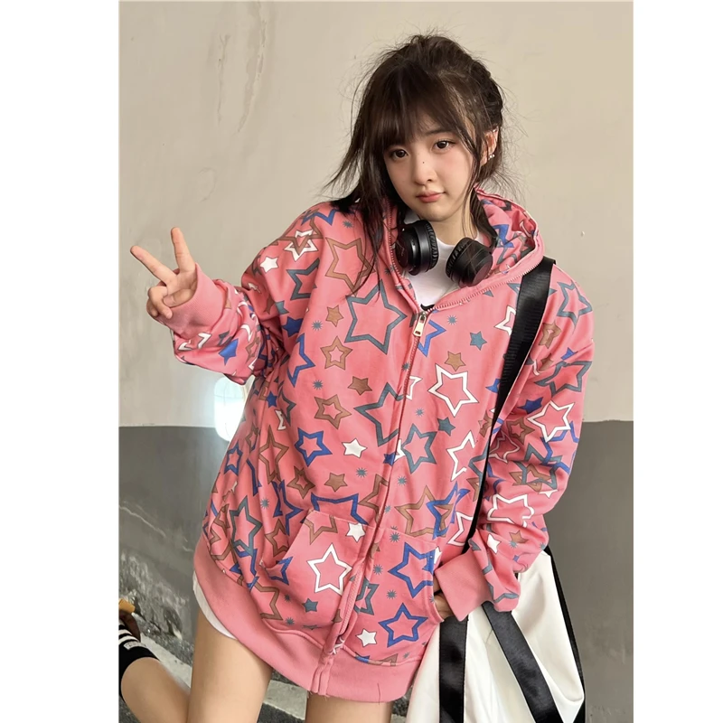 Spring Autumn Oversized Zip Up Sweatshirt Hoodie Women Korean Fashion Streetwear Female Student Girls Loose Star Print Hoodies