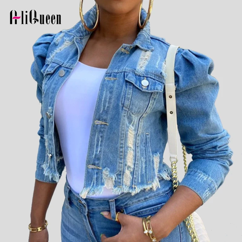 

Tassel Frayed Women Puff Sleeve Bomber Denim Jackets Female Vintage Jean Jacket Cropped Streetwear Coat Outwear 5XL