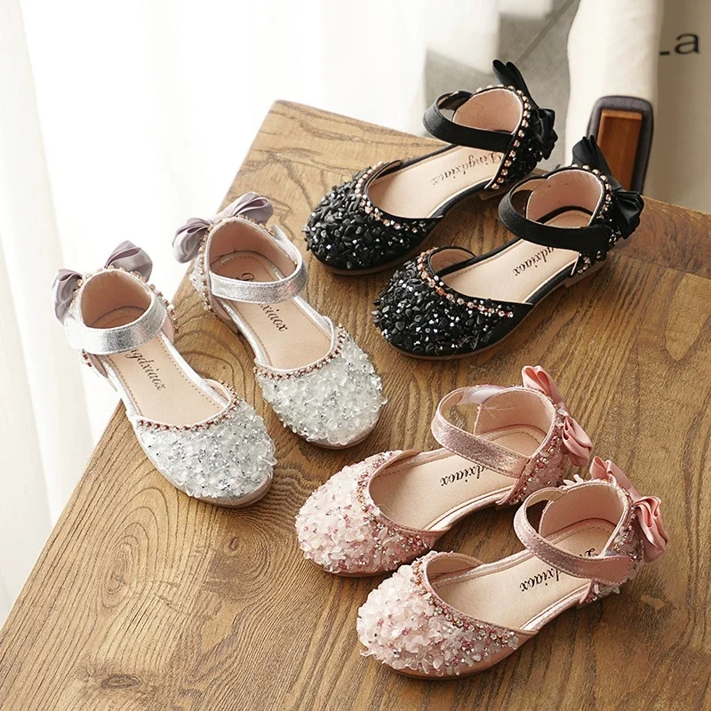 New Children's Leather Shoes Girls' Wedding Sequins Rhinestone Bowknot Children's Casual Dance Shoes Flat Sandals