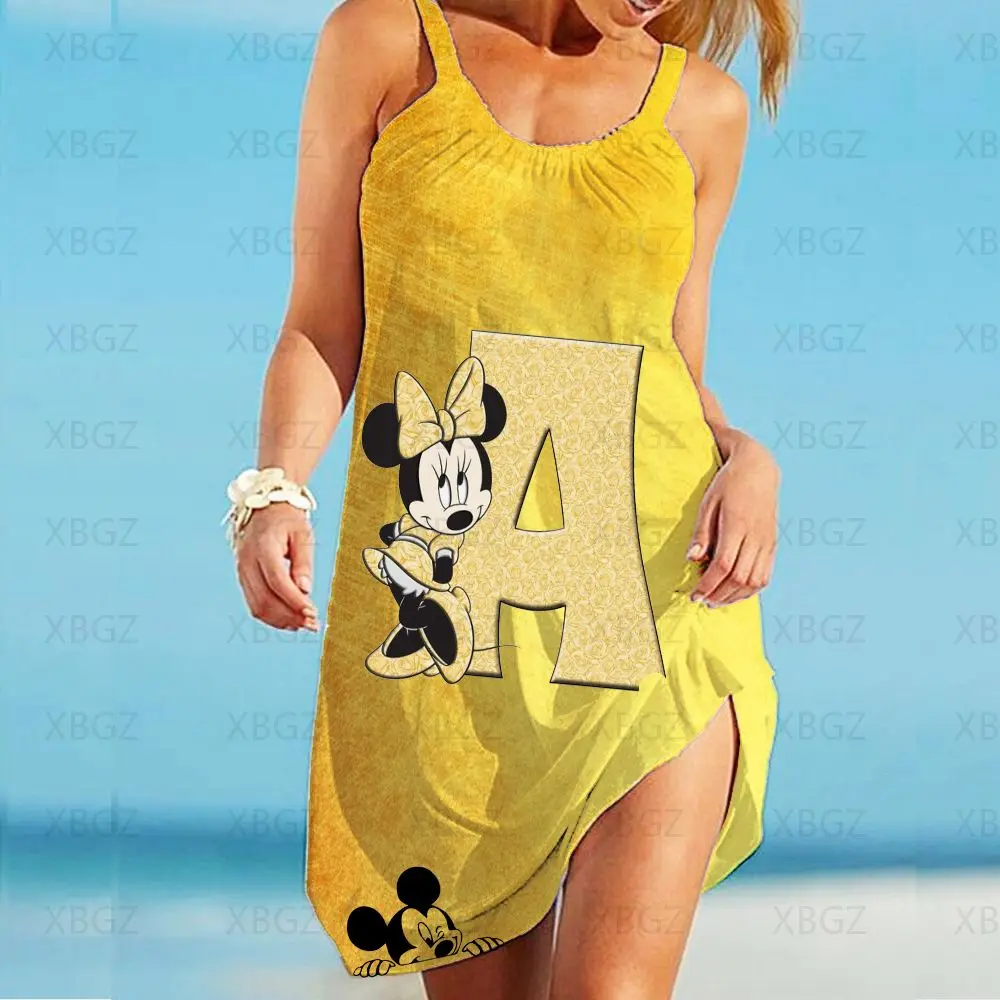 

Boho Disney Cartoon Loose Summer Dresses Woman 2022 Beachwear Minnie Mouse Beach Outing Print Sleeveless Sexy ABC Digital Custom
