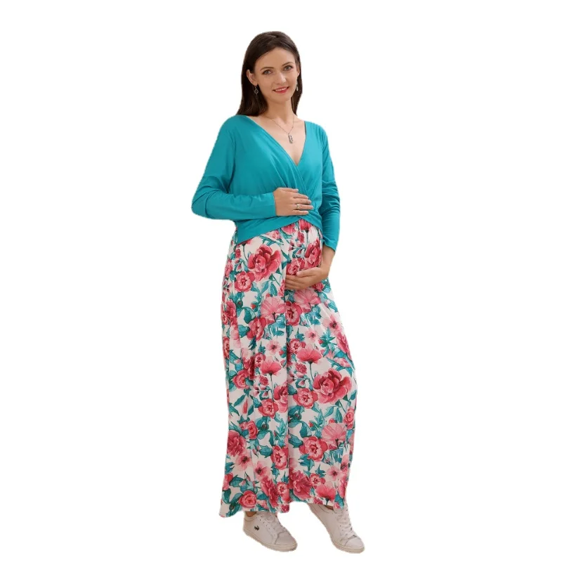 New Spring & Autumn Women Maternity Dress Fashion Casual Cotton Long Sleeve Floral Printing Patchwork V-Neck Pregnancy Clothes
