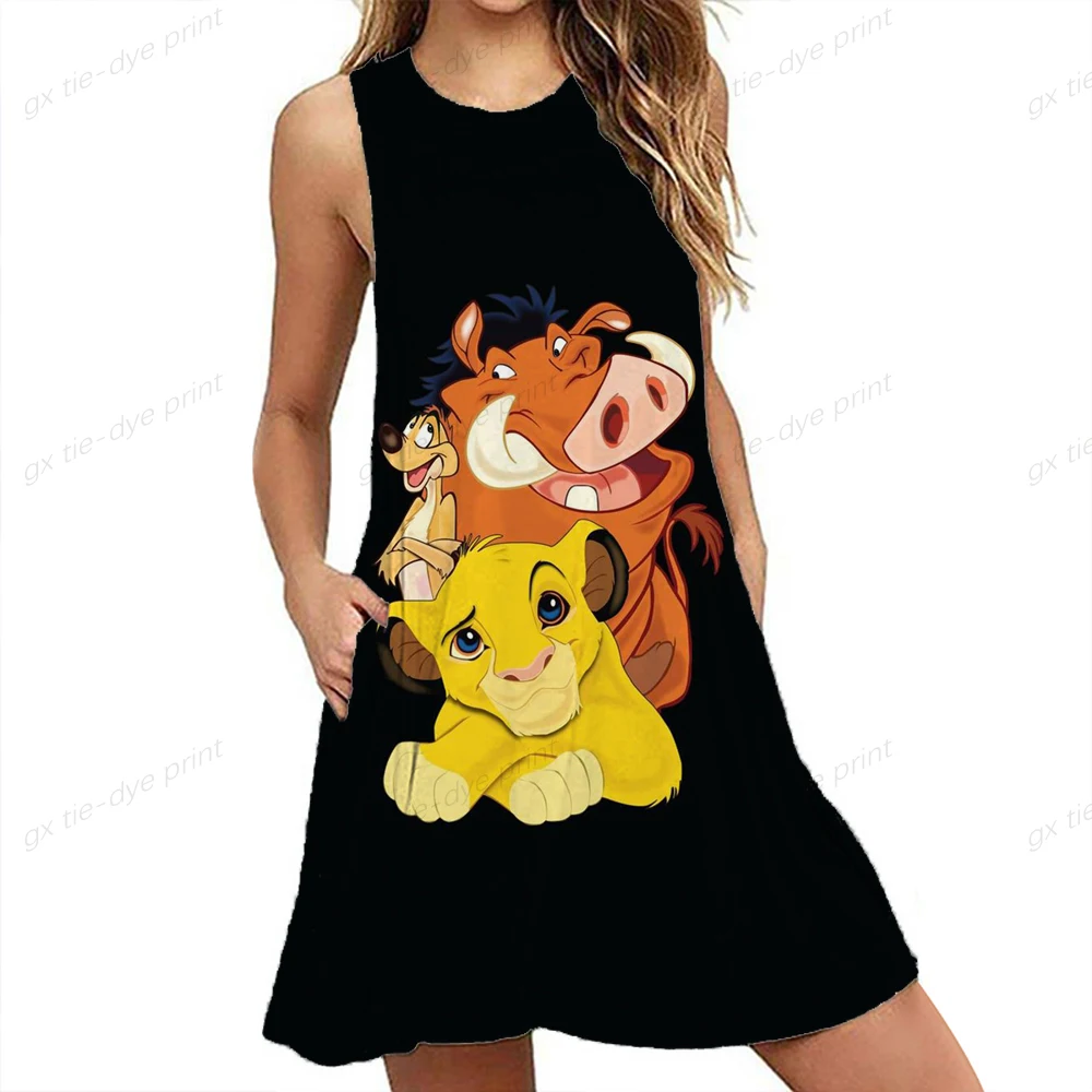 

2022 Summer Women Vest Dress Disney Lion King Print O-Neck Sleeveless Midi Dress Stitching Large Swing Casual Loose Sundress