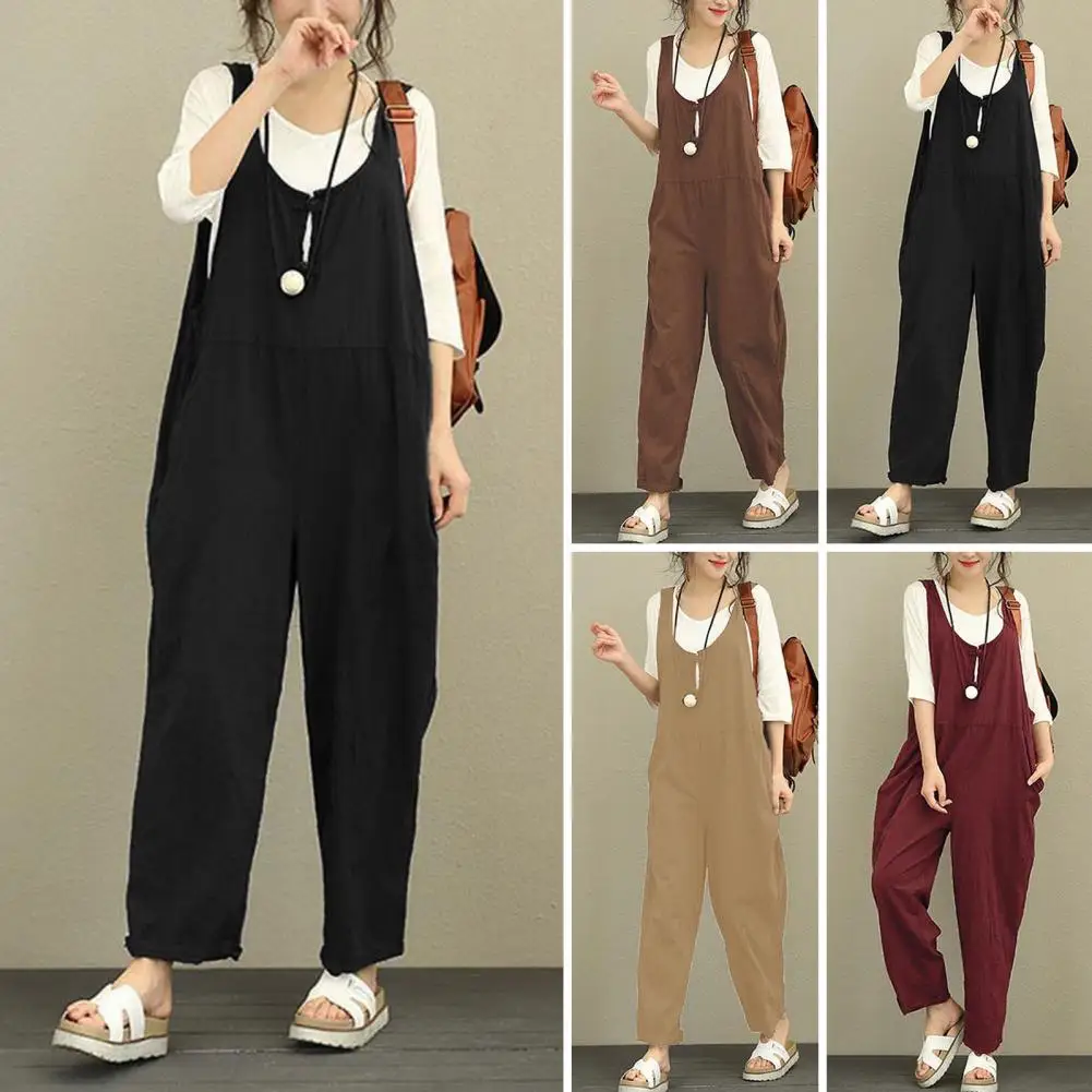 

Vintage Women Jumpsuit Summer Sleeveless Scoop Neck Solid Color Loose S to 2XL Ladies Casual Pants Long Romper Overall Playsuits