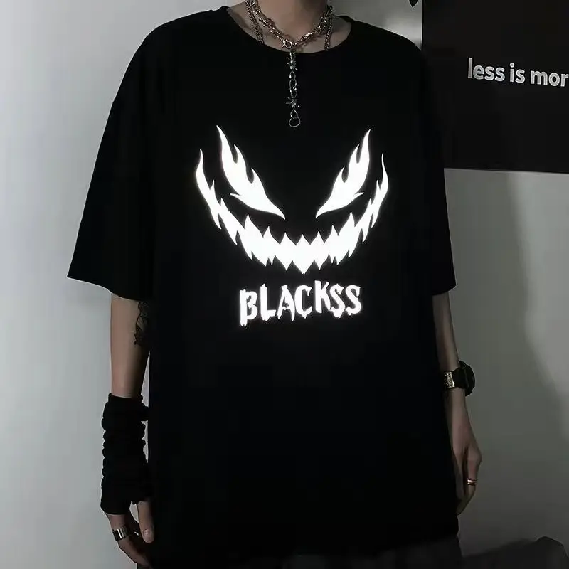

New Summer Dark Department Reflective Devil Print Short-sleeved T-shirt Female Trend Loose Large Size 5 Half-sleeve