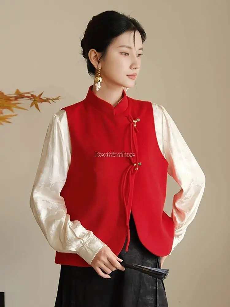 

2023 new chinese style improved cheongsam vest new vintage vest coat female autumn and winter sleeveless stand collar red top