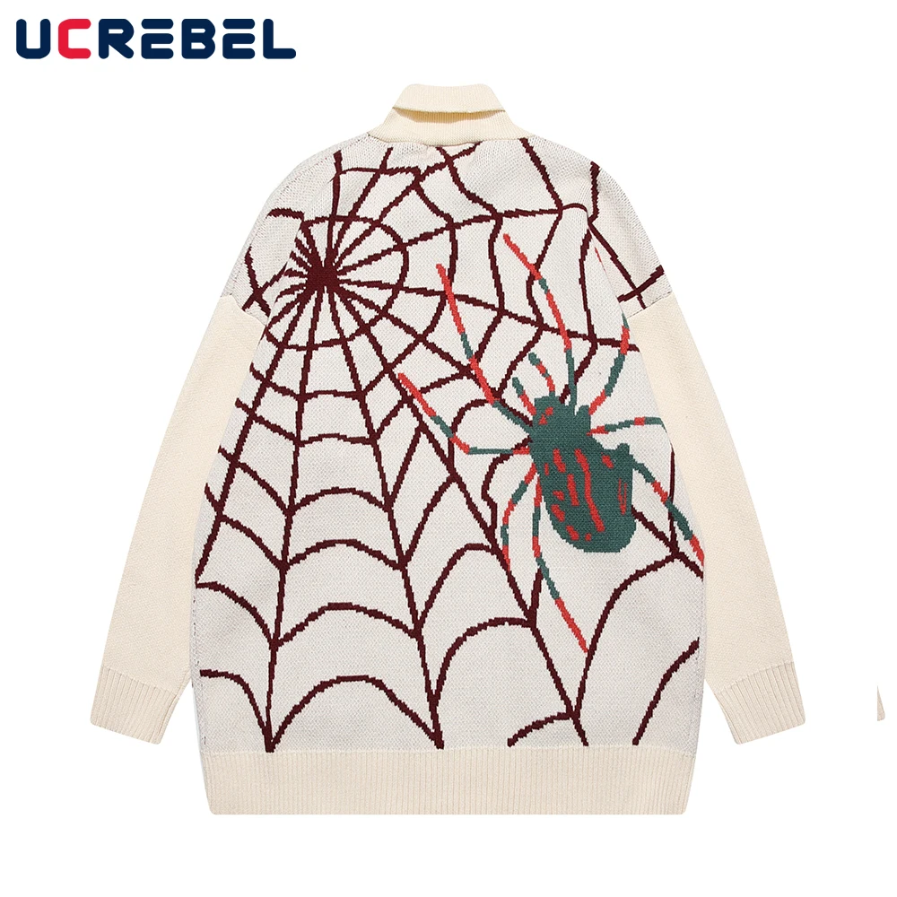 

Spider Web Jacquard Zipper Cardigan Outerwear Mens Streetwear Loose Long Sleeve Knitted Sweater Men