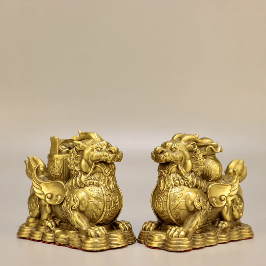 

7"Tibetan Temple Collection Old Brass Brave Troops Pixiu Statue A Pair Divine Beast Amass wealth Ornaments Town house Exorcism