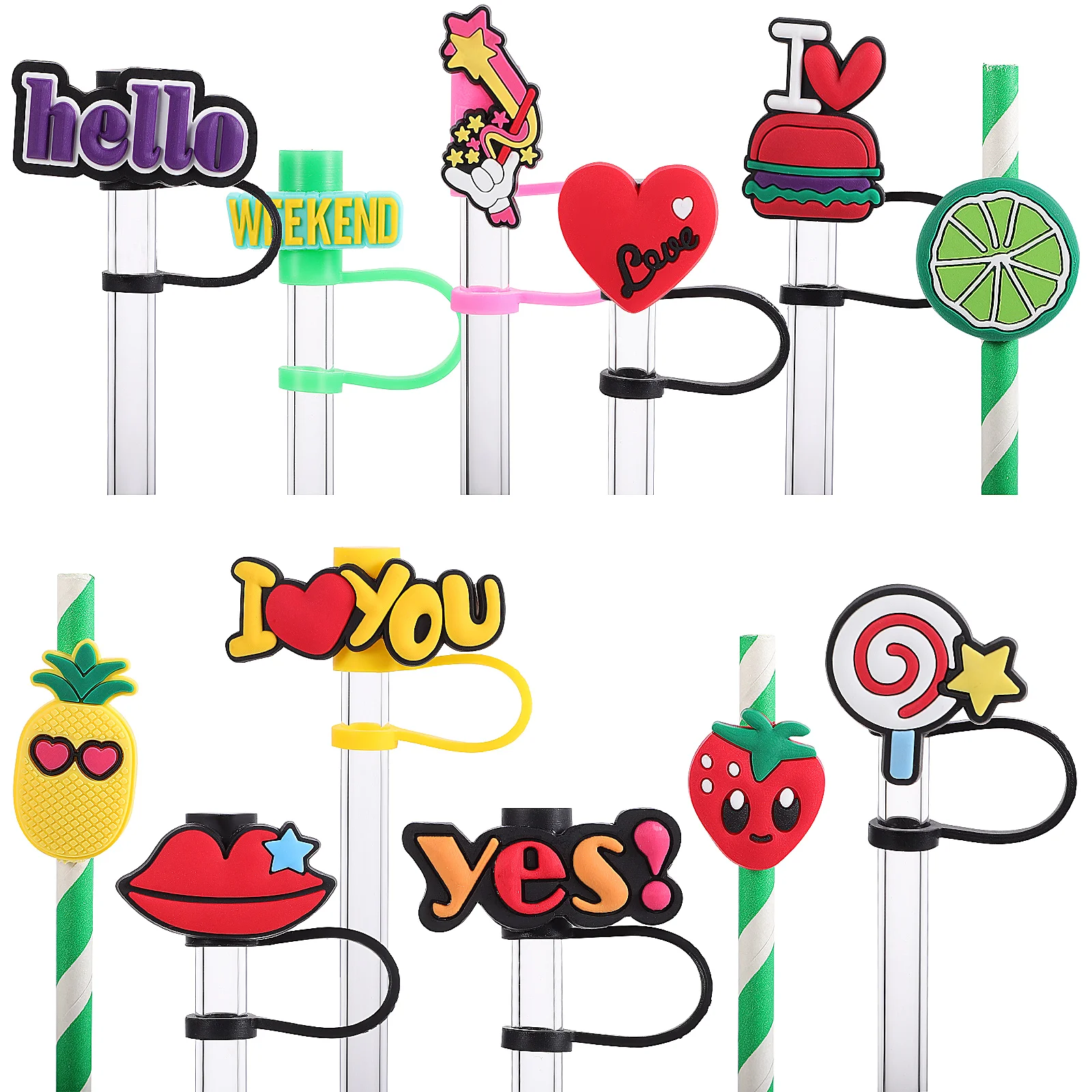 

12 Pcs Cute Creative Drinks Cups Accessories Cartoon Style Silicone Straw Covers Straw Tips Straw Toppers Straw Plugs