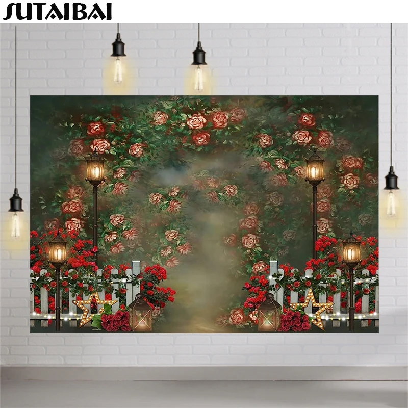 

Rose Garden Flowers Backdrop Fence Light Decor Aldult Kids Birthday Portrait Photo Background Retro Abstract Wedding Backdrop