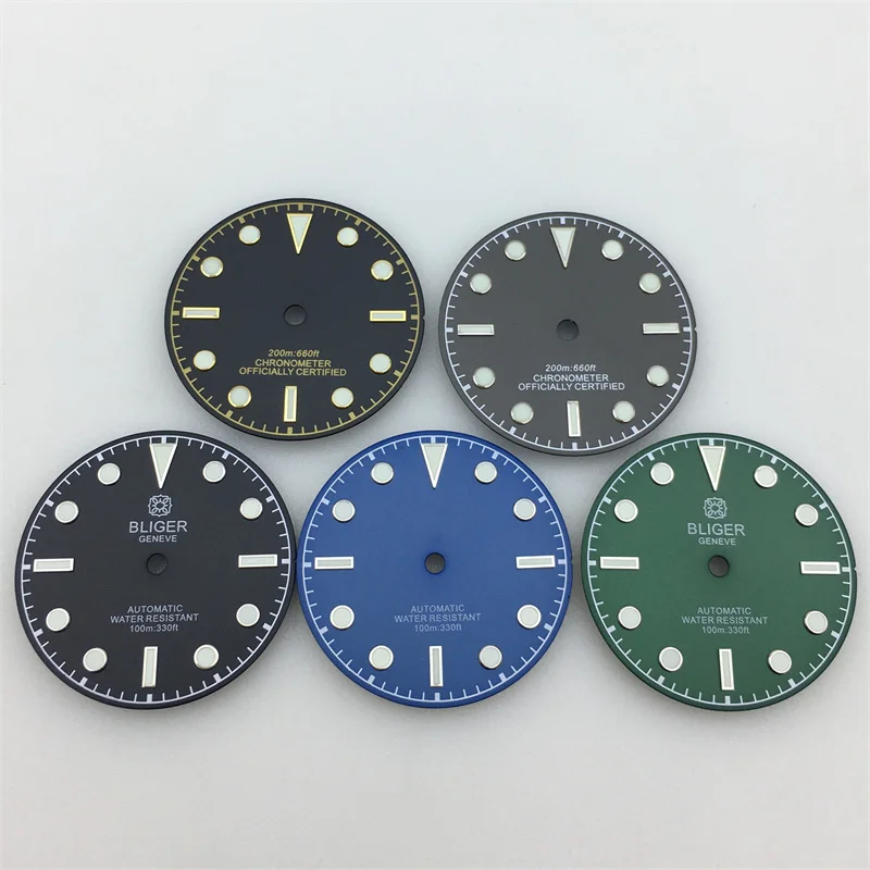 

29mm dial Black blue green grey green luminous without date window fit NH34 NH35 NH36 ETA2824 PT5000 DG Miyota series movement