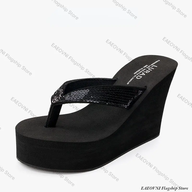 New Summer Sequin Decoration Ladies Flip-Flops Muffin Slope Comfortable Beautiful Vacation Sandals High Heel 10CM Slippers Women