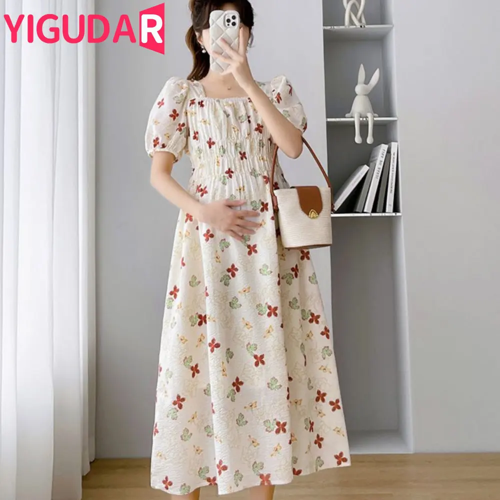 Enlarge New Maternity Chiffon Dresses Summer Clothes for Pregnant Women 2022 New Chinese Style Vintage Patchwork Pregnancy Vestidos
