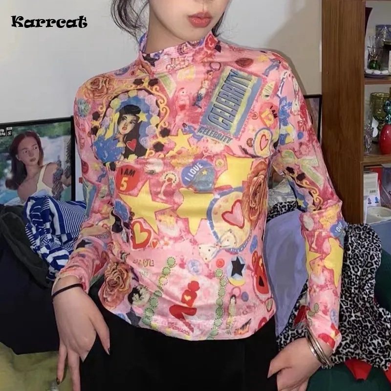 

Karrcat Y2k Aesthetics Tops 2000s Japanese Harajuku T-shirts E-girls Kawaii Cartoon Print Mesh Tops Cute Sweet Pink Tee Shirts
