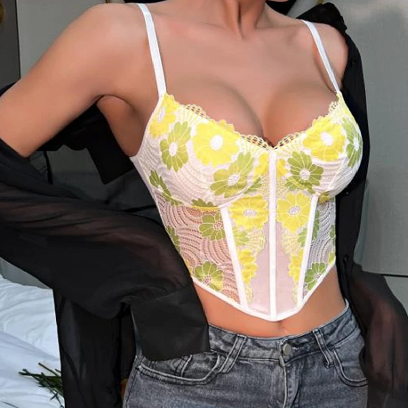 

Y2k корсет Топы для женщин Fairycore одежда кружевная отделка цветочный принт на тонких бретельках без рукавов камзол 2000s одежда уличная одежда