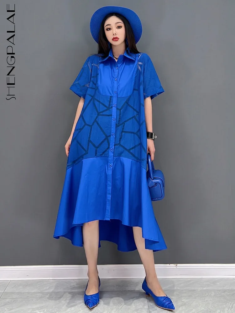 

SHENGPALAE модное платье с коротким рукавом, женское Хлопковое платье-рубашка с пеньковой подкладкой, синее повседневное свободное платье больш...