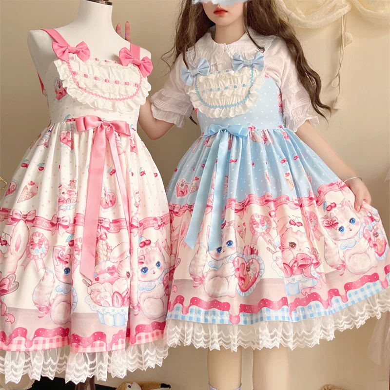 

Japanese Dream Lolita Jsk Dress Women Kawaii Cute Cat Print Bow Lace Sleeveless Strap Dresses Girl Sweet Princess Party Vestidos