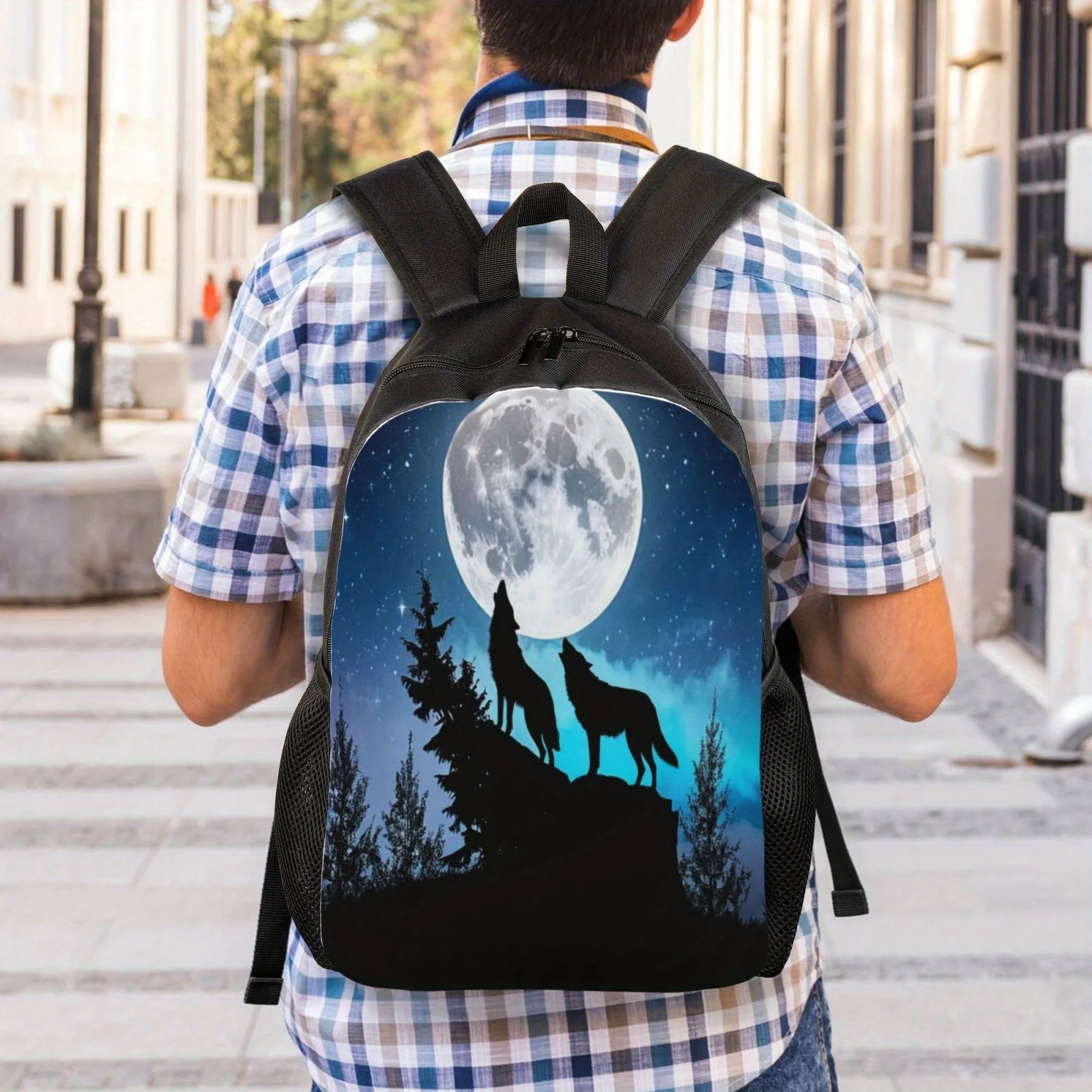 Легкий рюкзак с принтом волка в полнолуние ночное время роста — просторный