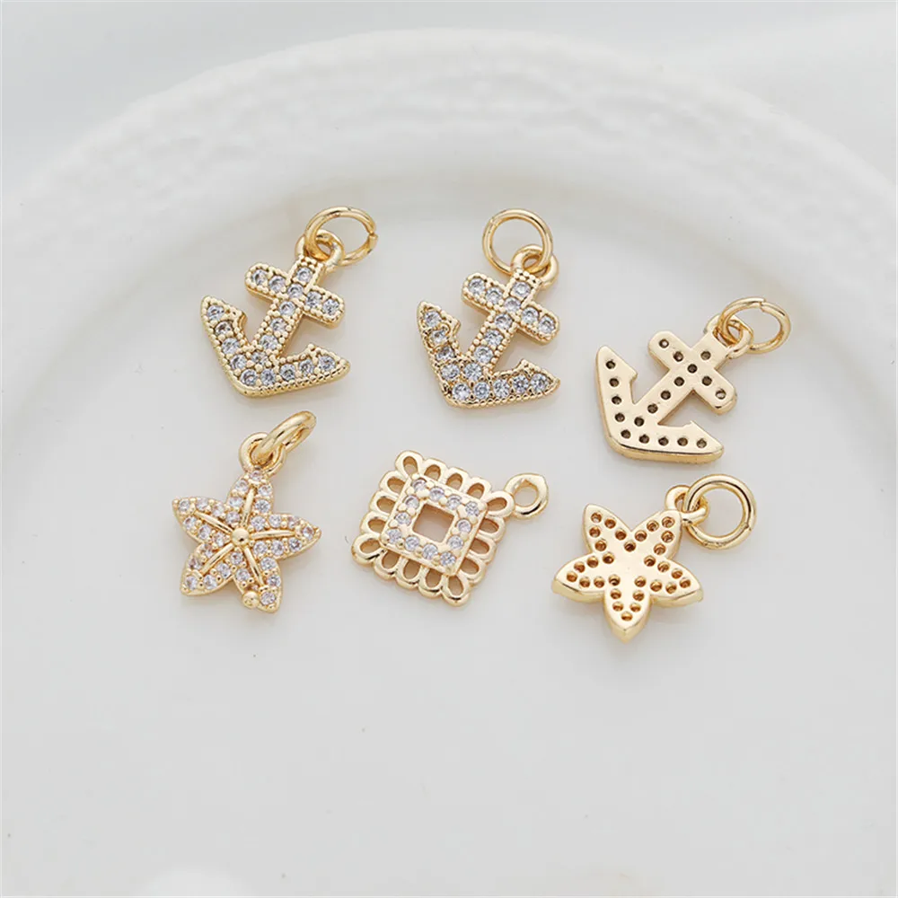 

14K gold with diamonds zirconia hollow lace pendant diamond square flower boat anchor pendant diy handmade materials accessories