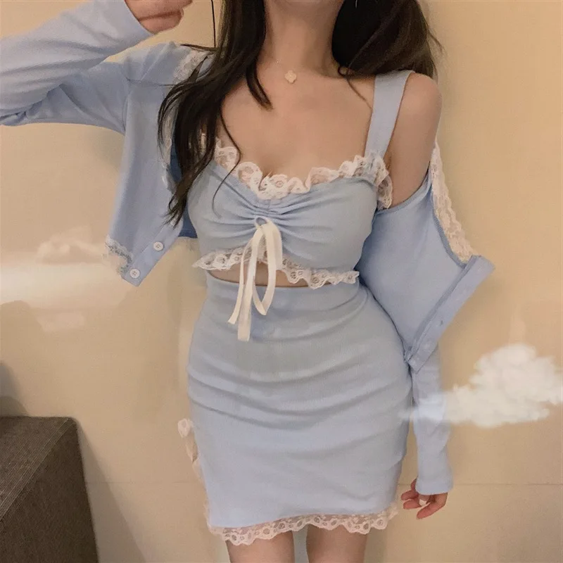 

Женские комплекты, облегающее кружевное мини-платье, укороченный однотонный кардиган с вырезами, привлекательная женская модель, уличное мягкое шикарное платье в стиле ольччан, 2 шт.