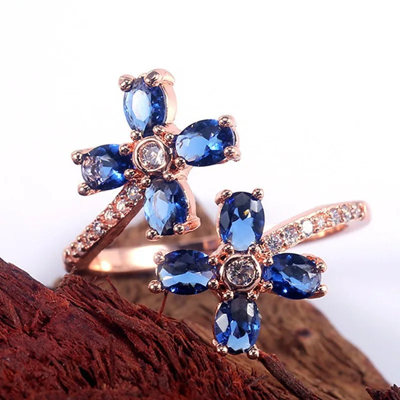 

2022 New Fashion Dark Blue Cubic Zircon Flowers Finger Rings Rose Gold Color Ring for Women Adjust Crystal Wedding Jewelry