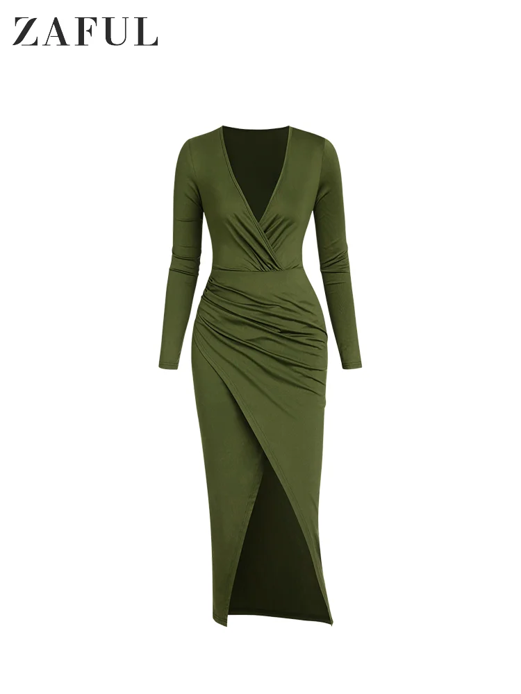 

ZAFUL Plunging Surplice Ruched Slit Midi Dress Long Sleeves Deep Green Solid Color for Women Date Night Going Out