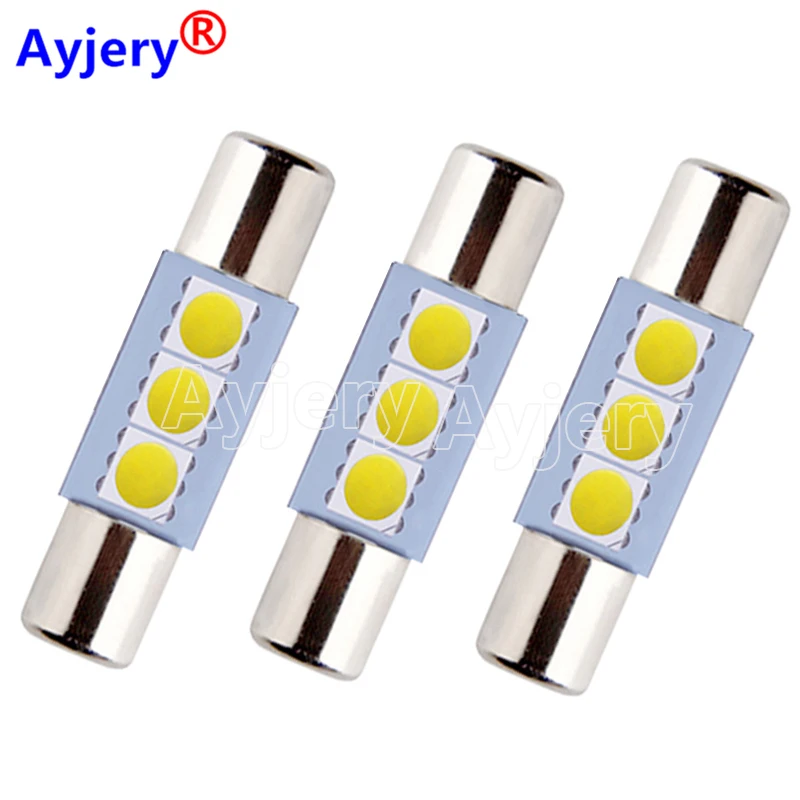 

AYJERY 100PCS C5W T6 Festoon 28mm 31mm 12V 5050 3 SMD Roof Ceiling Vanity Mirror Sun Visor Reading Light White Ice Blue