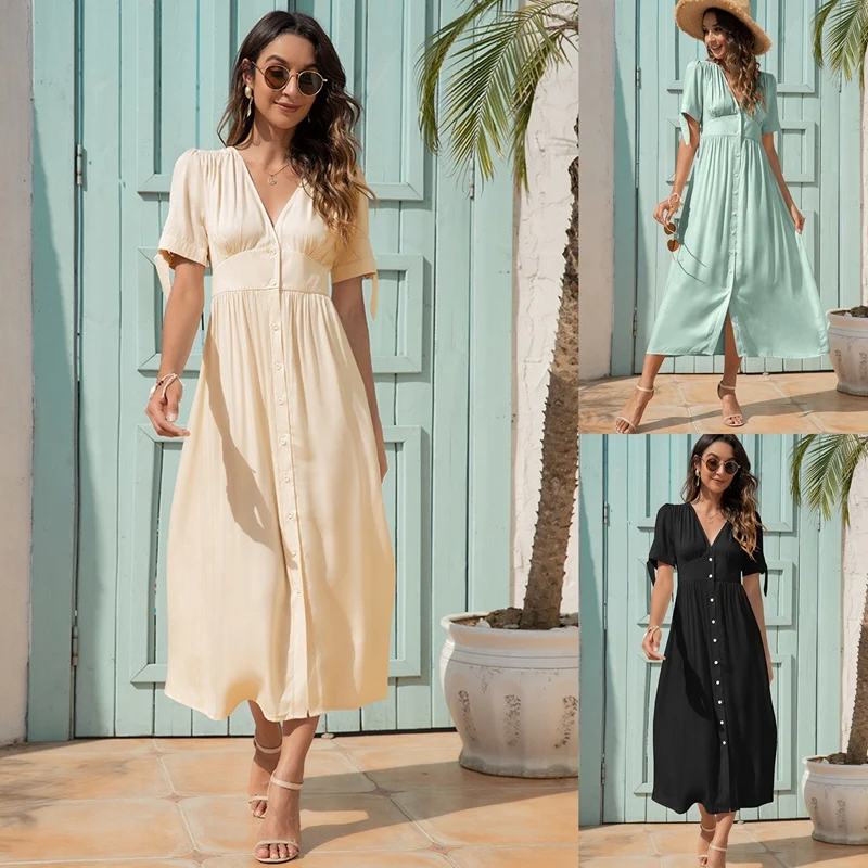 

Single Breasted Dress Women Casual V Neck Summer Dress Ladies Holiday Style High Waist A-Line Dresses