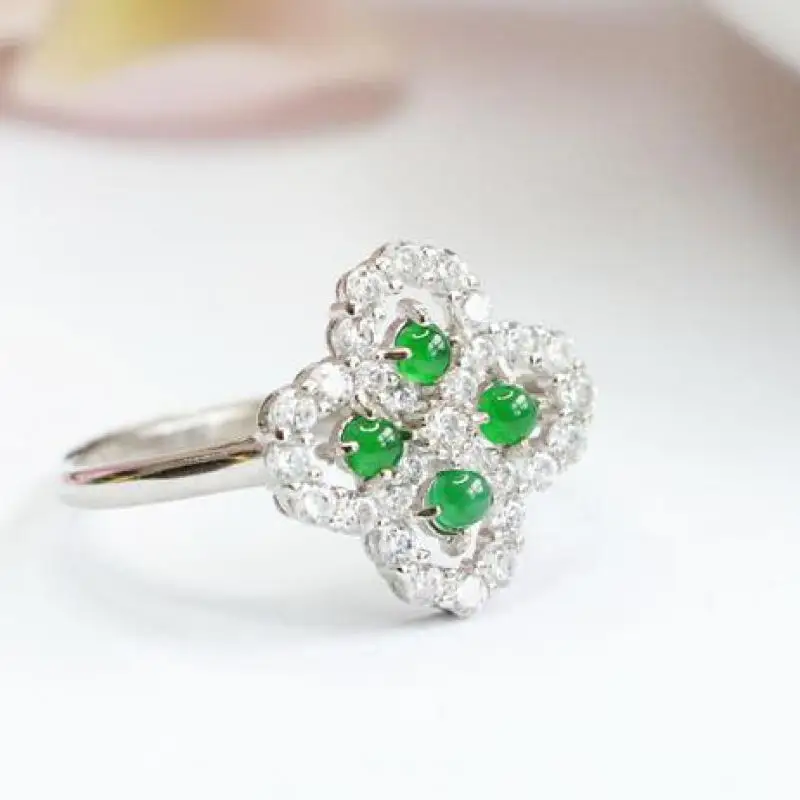 

Genuine Natural Grade Aaa Imperial Green Jadeite Four Leaves Clover Rings S925 Sterling Silver Zircon Burma Jade Ring Women Gift