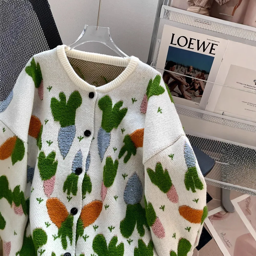 Свободная верхняя одежда в ленивом стиле жаккардовый свитер с морковью кардиган