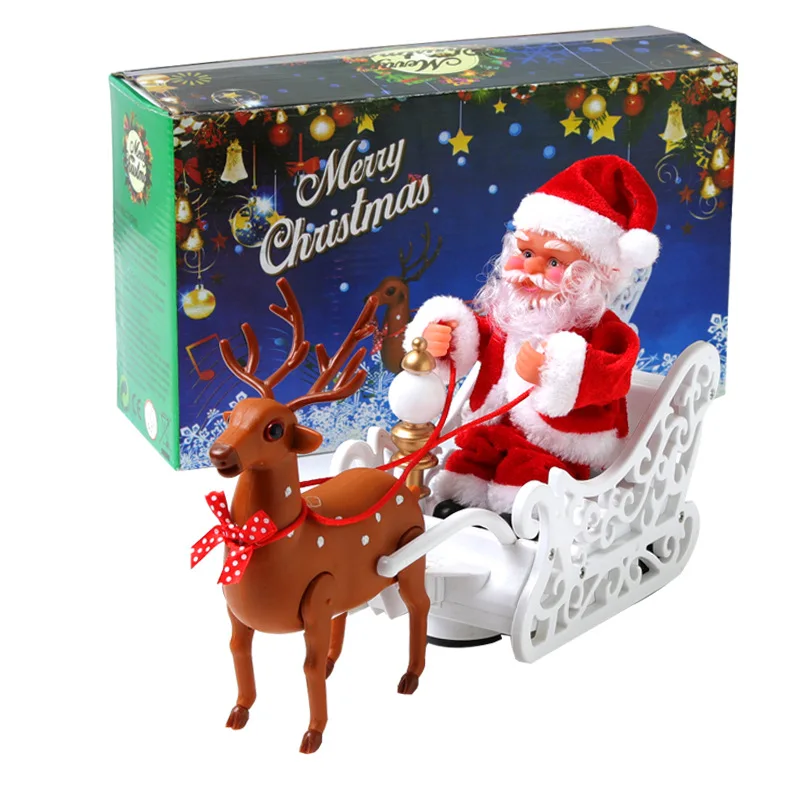 Christmas Electric Elk Sleigh Pulls Santa Claus Music Dancing Doll Toy Model Christmas Decorations Gifts Ornaments For Boys Kids
