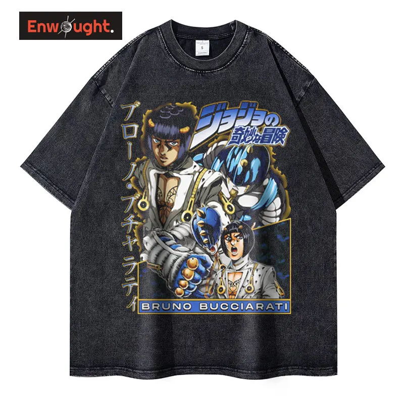

Bruno Buccellati T-shirt Vintage Washed Anime JoJos Bizarre Adventure T Shirts Retro Manga JOJO DIO Jotaro Jolyne Tops Tees Men