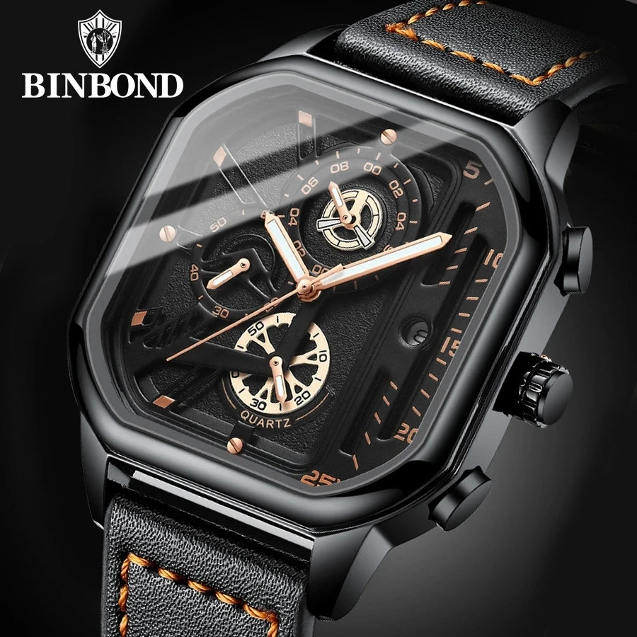 

2023 BINBOND B6577 Luxury Men Analog Leather Sports Watches Men's Army Military Watch Male Date Quartz Clock Relogio Masculino