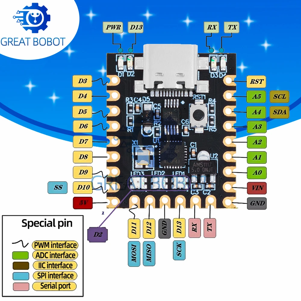 Фото Для Arduino nano mini ultra small typec макетная плата atmega328p чип последовательный порт ch340 №1