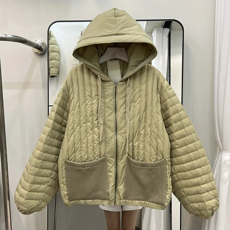 New Thin Ladies Short Down Jacket Korean Women Hooded Knitted Pocket Stitching Jacket Winter Long Sleeve Solid Color Coat F716