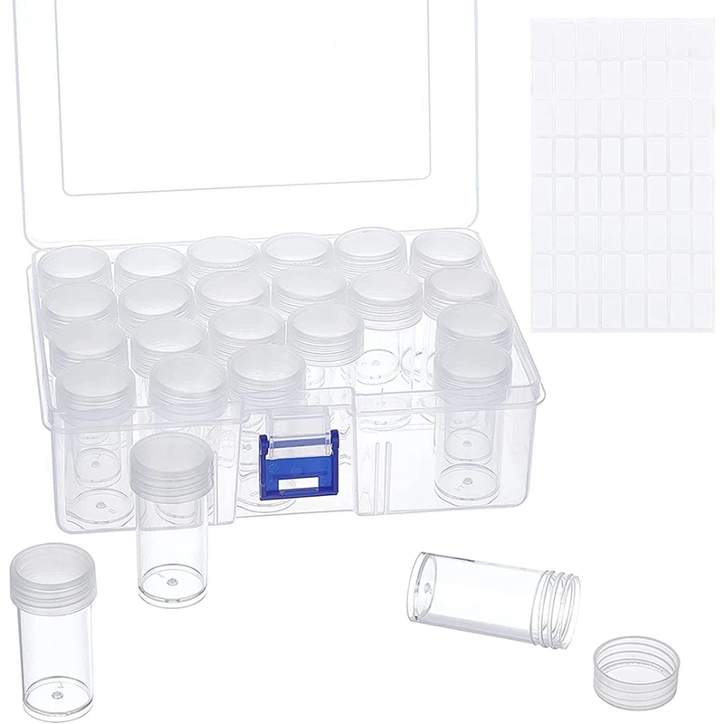 

Diamond Painting Box Plastic Storage Box With 24 Pcs Individual Bottles Plastic Jewelry Organizer With 64Pcs Stickers