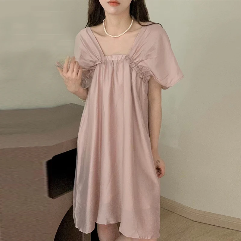 

VANOVICH Korean Style Summer Temperament Square Collar Patchwork Fungus Edge Loose Waist Flying Sleeve Solid Color Sweet Dress