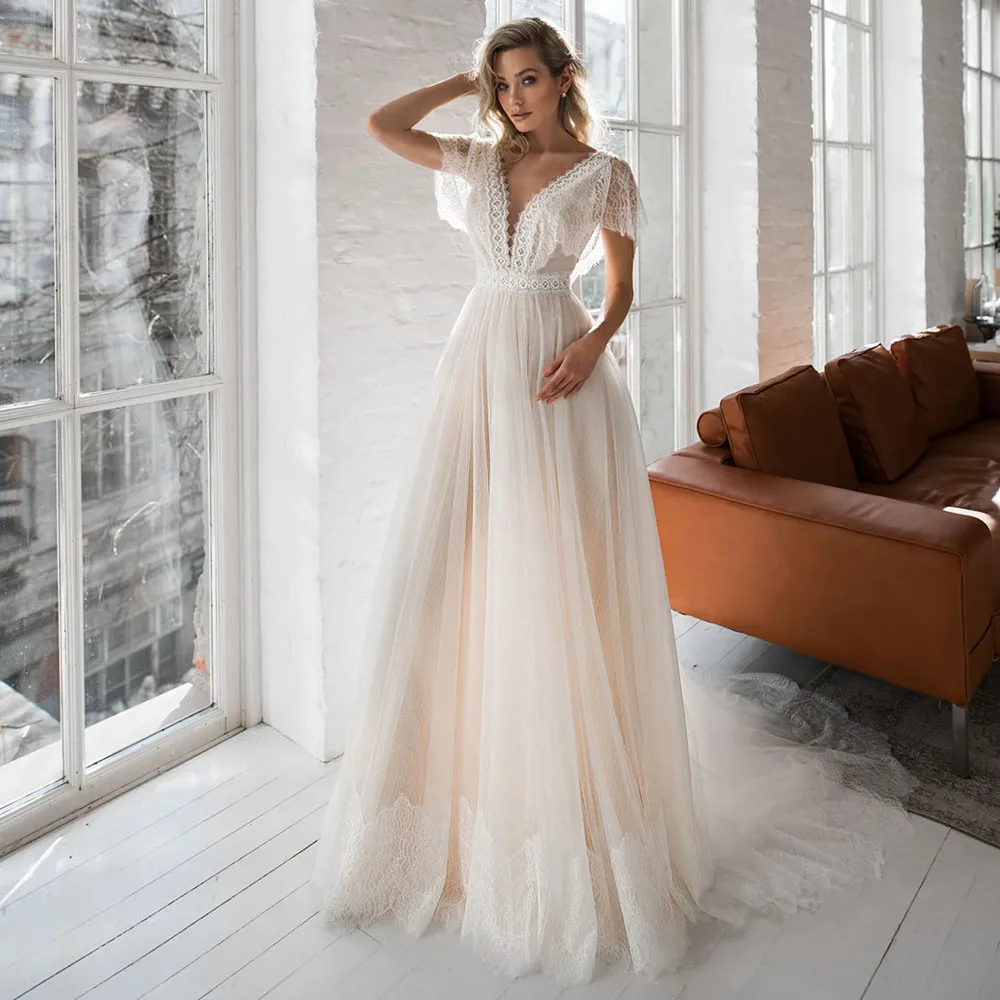 Deep V-Neck Lace Wedding Dress Polka Dots Tulle Custom Made Short Flutter Sleeves Low Cut Back Beach Boho Princess Bridal Gown