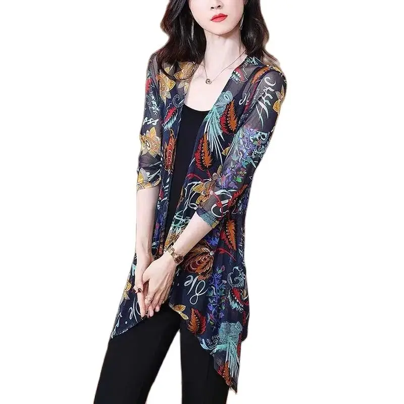

2022 Summer Casual LooseLady Outer Shawl Mid-length Nine-point Sleeve Thin Coat Printed Mesh Cardigan Sunscreen Women's Slim Top