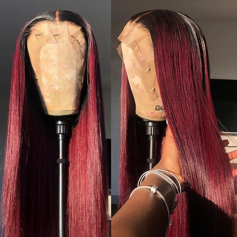 Peruvian Straight Hair 360/13X6 Lace Front Wig Human Hair Wigs 1B99J Red Burgundy Pre-Plucked 180% Remy Human Hair Deep Part Wig