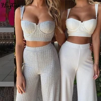 sexy ribbed knit women 2 piece sets short top long wide leg pants spring solid casual suit female comfortable outfits