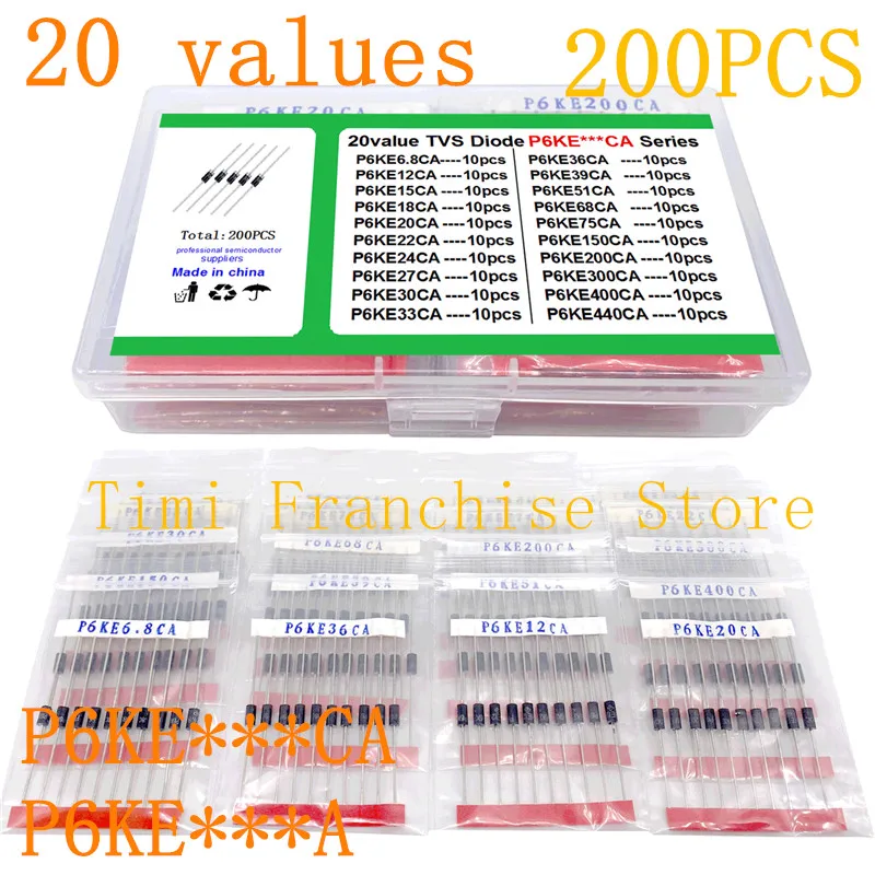 200 шт. 20 значений коробка TVS Diode P6KE6.8A 12A 15A 18A 20A 22A 24A 27A 30A P6KE36CA 39CA 51CA 68CA 75CA 150CA 200CA 400CA DO-41