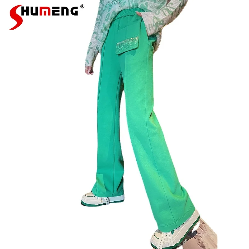 

Colorful Rhinestones Straight Casual Pants Women's 2022 Spring New Loose Hoodie Pants High Waist Candy Color Wide Leg Sweatpants