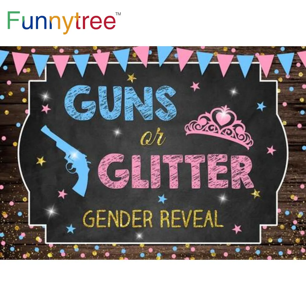 

Funnytree Guns or Glitter Gender Reveal Party Background Wood Stars Baby Shower Unisex Crown Blue or Pink Photobooth Backdrop