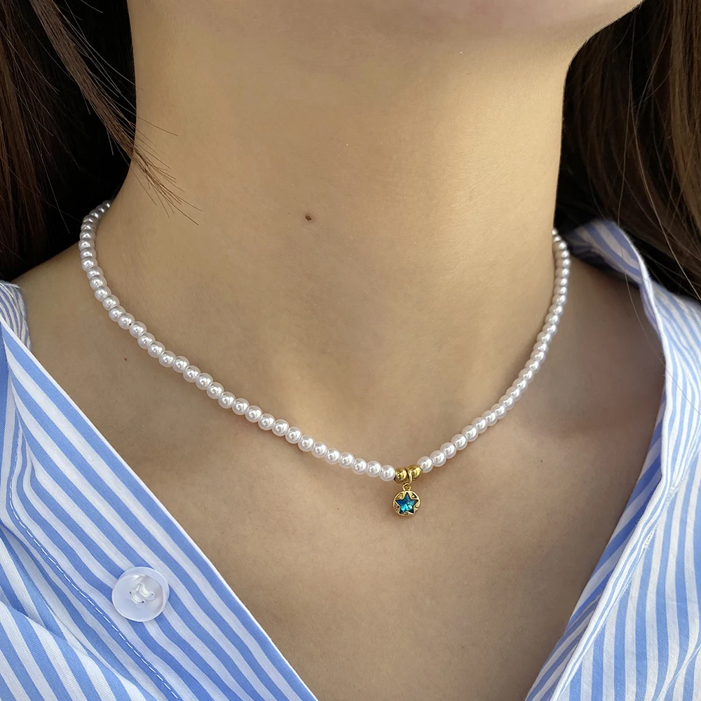Подвеска Bohenian с синей звездой, подвеска с искусственным жемчугом, ожерелье с застежкой из нержавеющей стали для женщин, ошейники, подвеска с кристаллами