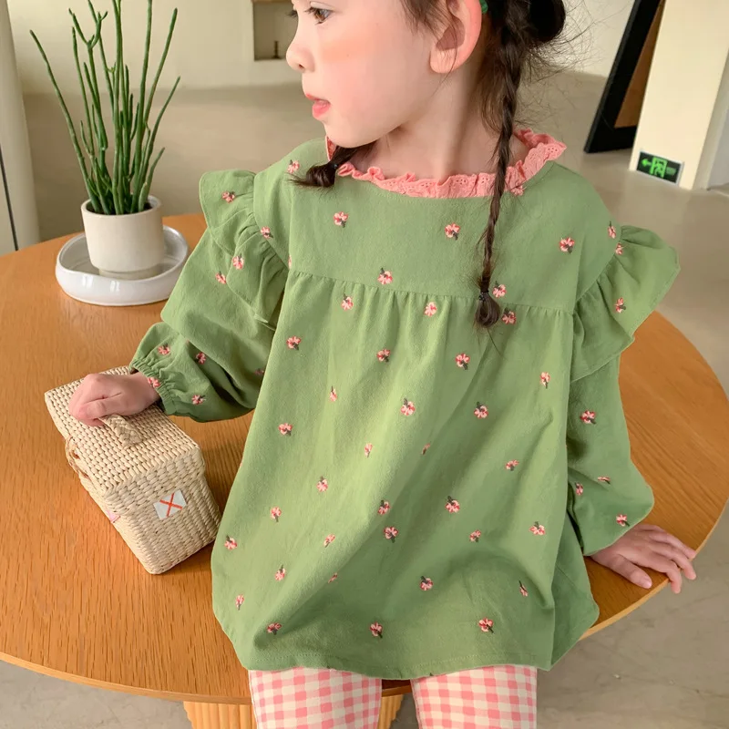 

2022 Spring New Children's Clothing Girls Retro Green Full-Embroidered Pink Flower Baby Shirt